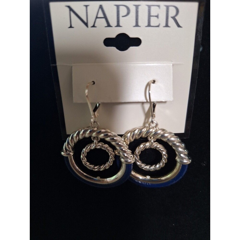 Napier Silver Tone Navy Leather Orbital Drop Earrings